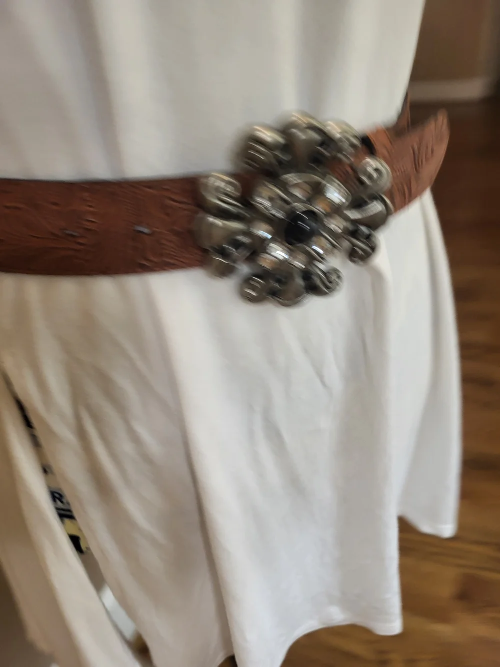 Brown Tooled Faux Leather Belt with Ornate Silver-Tone Rhinestone Buckle